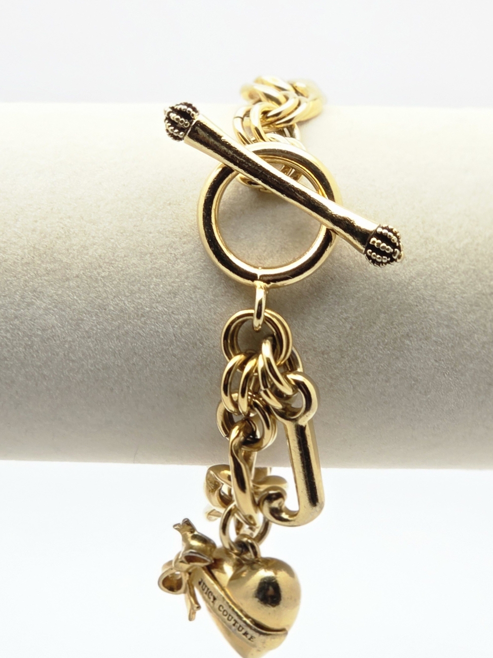 Juicy Couture Vintage Gold Heart Charm Toggle Bracelet Crown Bow Y2K